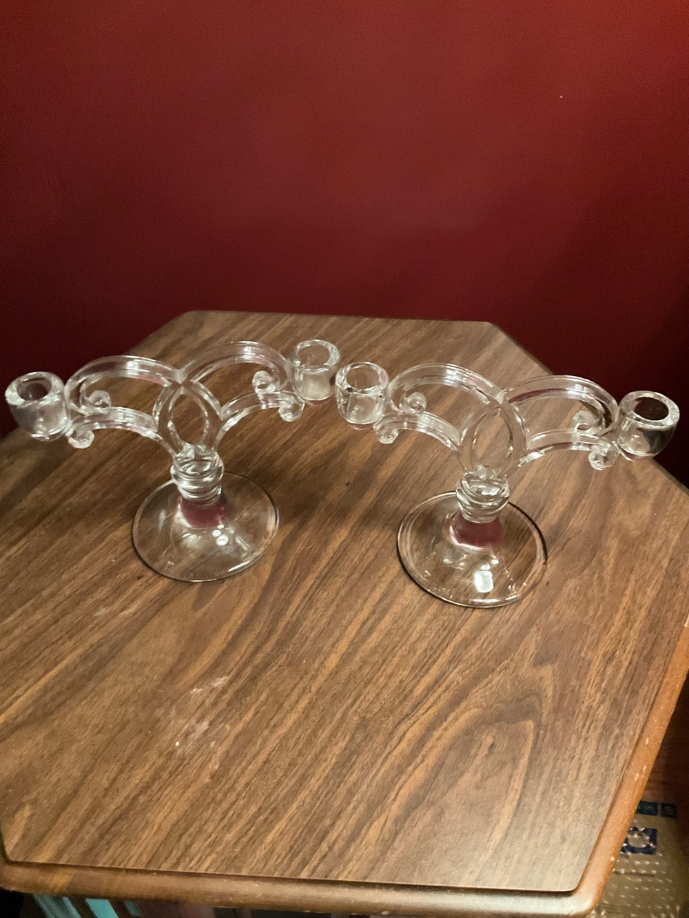 2 vintage clear glass double candle holders